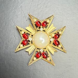 Vintage Maltese Cross Brooch Large Faux Pearl Red Rhinestones Seed Pearls
